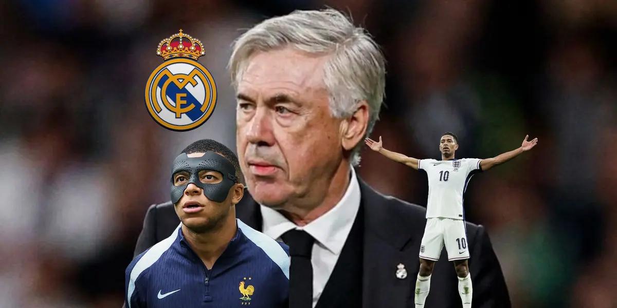 Carlo Ancelotti looks to the side as the Real Madrid badge is next to him while Kylian Mbappé and Jude Bellingham represent their national teams. (Source: Madrid Xtra X)