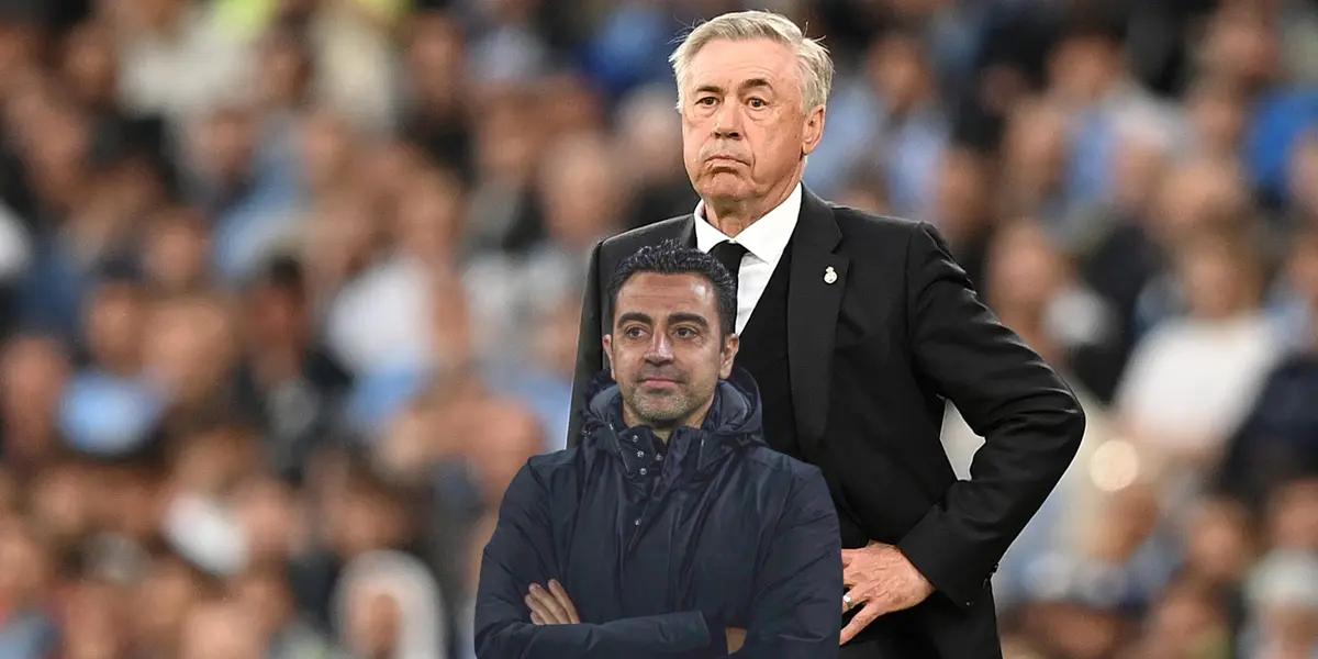 Carlo Ancelotti serious as Real Madrid's coach while Xavi smiles as FC Barcelona coach.