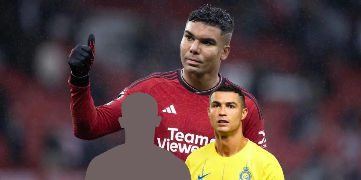 Casemiro gives a thumbs up while playing for Manchester United and Cristiano Ronaldo wears an Al Nassr shirt.