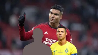 Casemiro gives a thumbs up while playing for Manchester United and Cristiano Ronaldo wears an Al Nassr shirt.