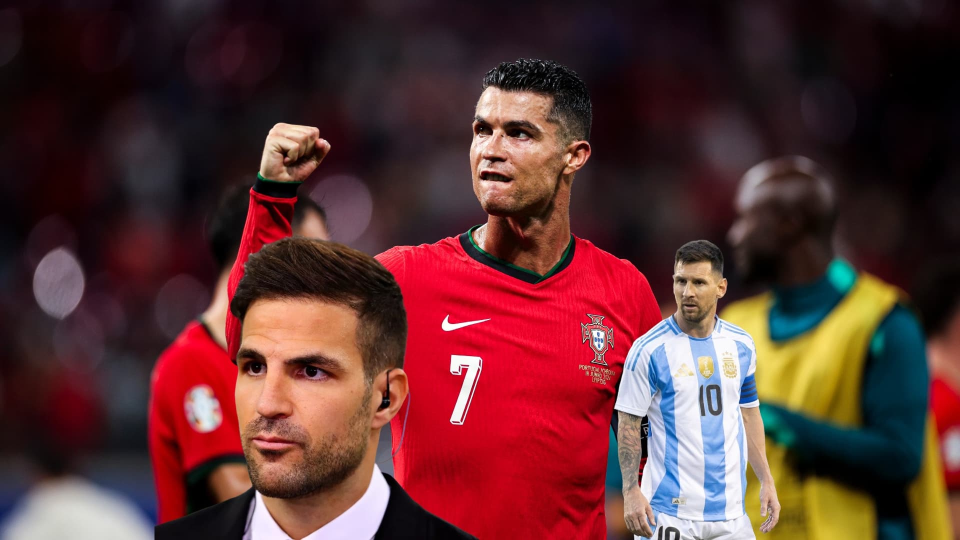 Cesc Fabregas wears a suit while Lionel Messi looks serious and Cristiano Roanldo celebrates. (Source: Cristiano Ronaldo X, Football London, X)