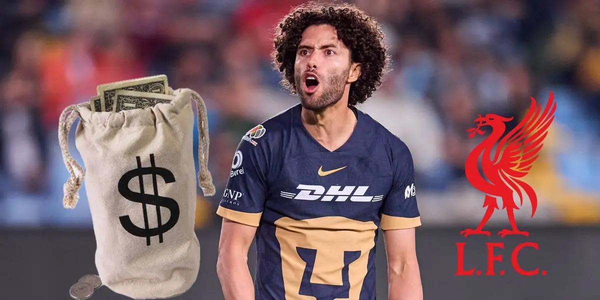 Chino Huerta con un costal de dinero y Escudo del Liverpool/FOTO: Liverpool FC