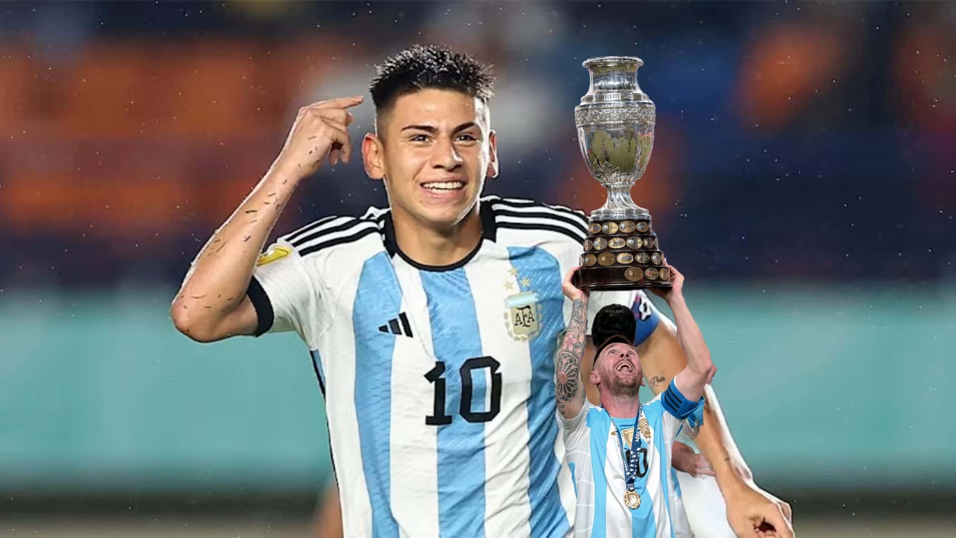 Claudio Echeverri celebrates a goal for a youth team of Argentina as Lionel Messi lifts the Copa America trophy. (Source: Messi Xtra X)