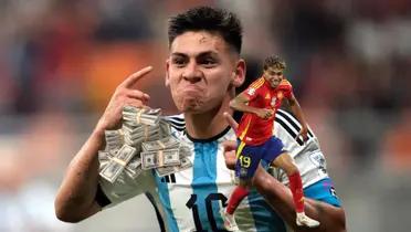 Claudio Echeverri celebrates with Argentina while Lamine Yamal celebrates with Spain and a stack of cash next to them. (Source: AP, EURO 2024 X)