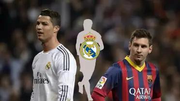 Cristiano Ronaldo and Lionel Messi are next to each other while a mystery player has the Real Madrid badge on. (Source: Getty Images)