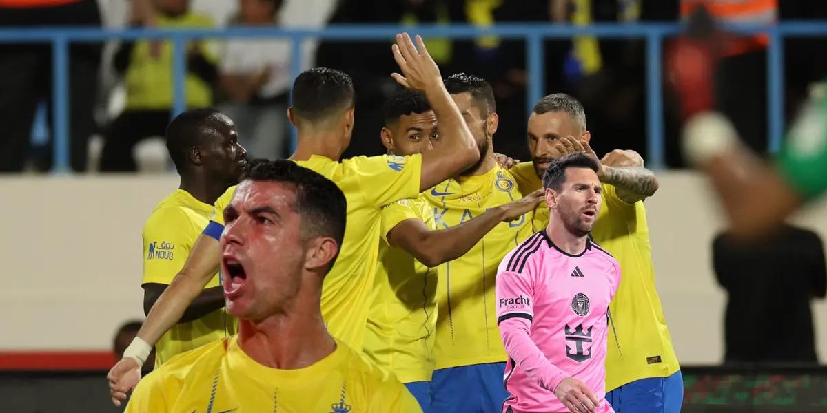 Cristiano Ronaldo angry at Al Nassr and Lionel Messi focused with Inter Miami but in the background CR7 and the team celebrate.