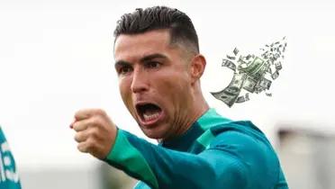 Cristiano Ronaldo celebrates a goal while wearing a long sleeve Portugal training kit and flying bills is next to him.