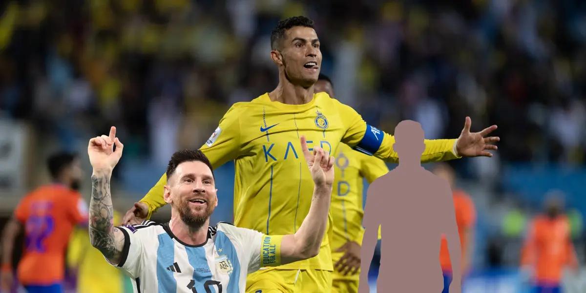 Cristiano Ronaldo celebrates a goal with Al Nassr while Lionel Messi celebrates a goal for Argentina and a mystery player is next to him. (Source: Getty Images)