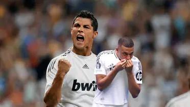 Cristiano Ronaldo celebrates a goal with Real Madrid while Kylian Mbappé kisses the Real Madrid badge. (Source: MARCA, Fabrizio Romano X)