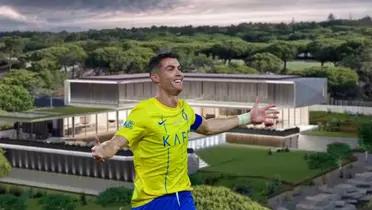 Cristiano Ronaldo celebrates an Al Nassr goal by putting his arms out wearing the jersey while a mansion is on the background.