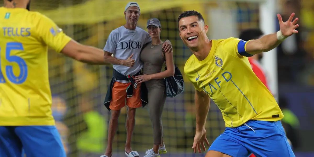 Cristiano Ronaldo celebrates his Al Nassr goal; Ronaldo and his girlfriend Georgina Rodriguez together for a picture.