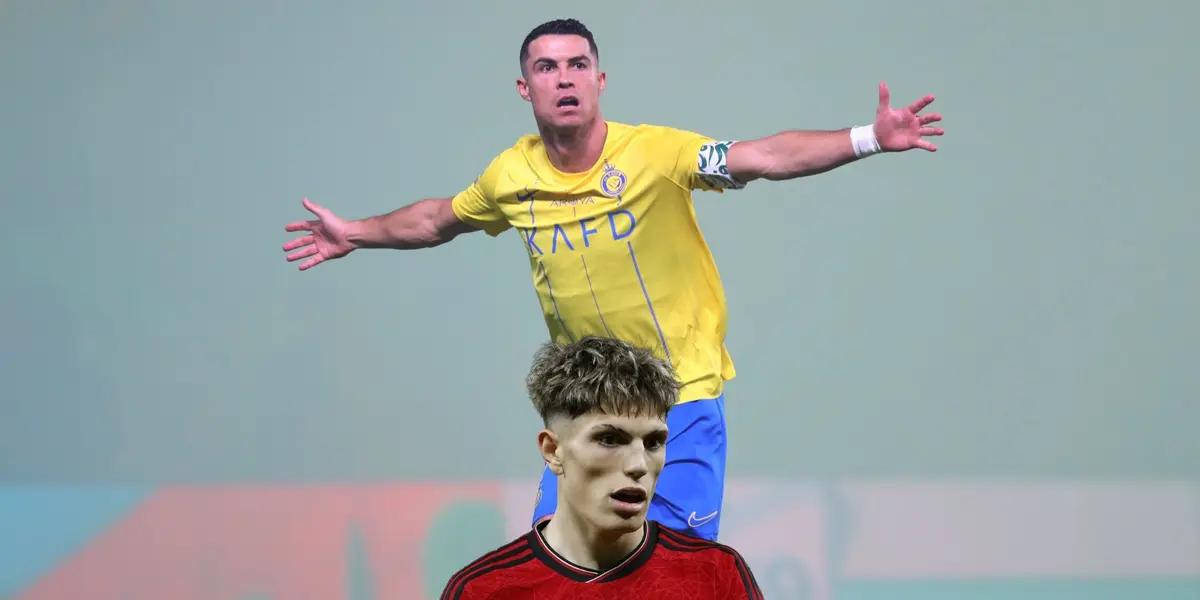 Cristiano Ronaldo celebrates his Al Nassr goal while Alejandro Garnacho plays for Manchester United.