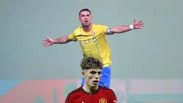 Cristiano Ronaldo celebrates his Al Nassr goal while Alejandro Garnacho plays for Manchester United.