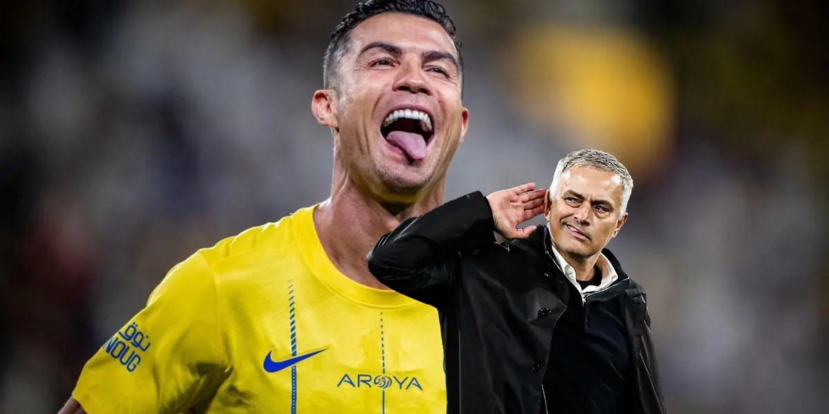Cristiano Ronaldo celebrates his Al Nassr goal while Jose Mourinho puts his hand up to his ear.
