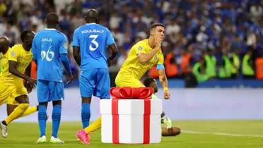 Cristiano Ronaldo celebrates his goal he scored against Al Hilal in Saudi Arabia.