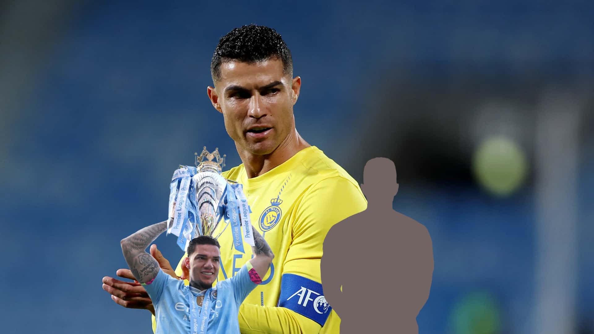 Cristiano Ronaldo claps with an Al Nassr jersey on as Ederson lifts the Premier League trophy and the mystery player is next to him. (Source: Getty Images, X)