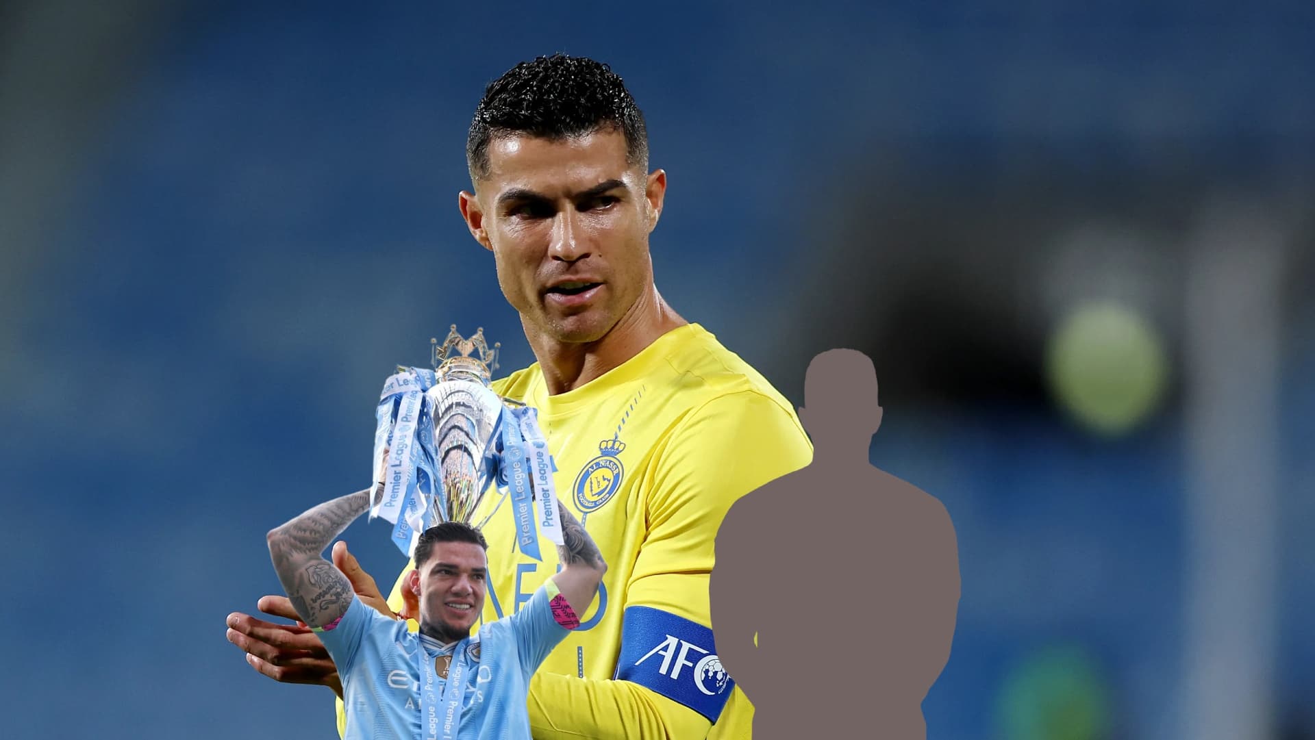 Cristiano Ronaldo claps with an Al Nassr jersey on as Ederson lifts the Premier League trophy and the mystery player is next to him. (Source: Getty Images, X)