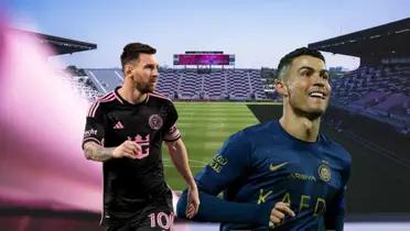 Cristiano Ronaldo happy after scoring a goal for Al Nassr this season and Lionel Messi in an Inter Miami shirt.