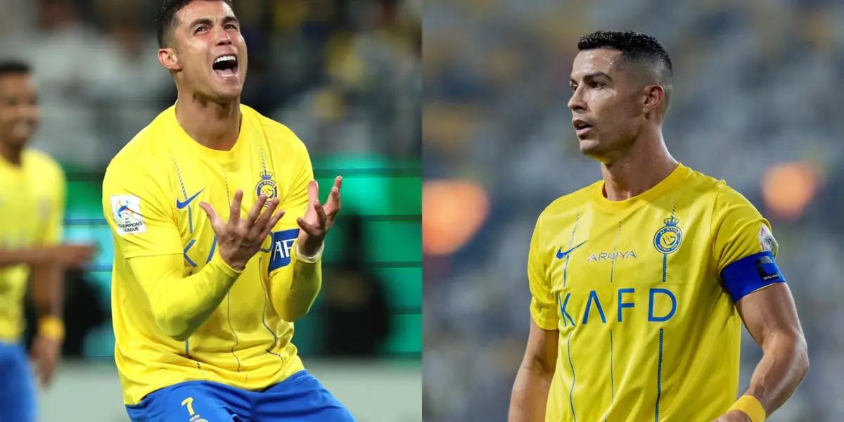 Cristiano Ronaldo is angry on the left side while Ronaldo is concerned on the right side; both images show the Al Nassr jersey.