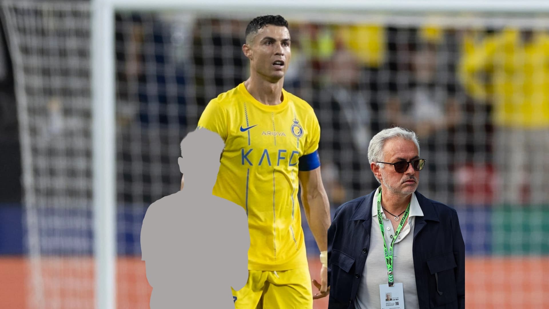 Cristiano Ronaldo look shocked with an Al Nassr jersey while Jose Mourinho is wearing a tag with sunglasses next to a mystery person.