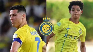 Cristiano Ronaldo looks back with an angry face while Cristiano Ronaldo Jr. runs with an Al Nassr jersey on. The Al Nassr logo is in the middle.