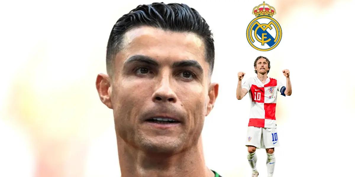 Cristiano Ronaldo looks concerned while a Luka Modric has the Real Madrid badge over him. (Source: GOATTWORLD X)