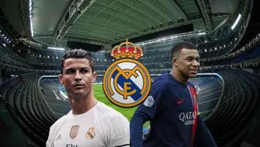 Cristiano Ronaldo looks focused with a Real Madrid shirt on while Mbappé smiles with a PSG shirt on.