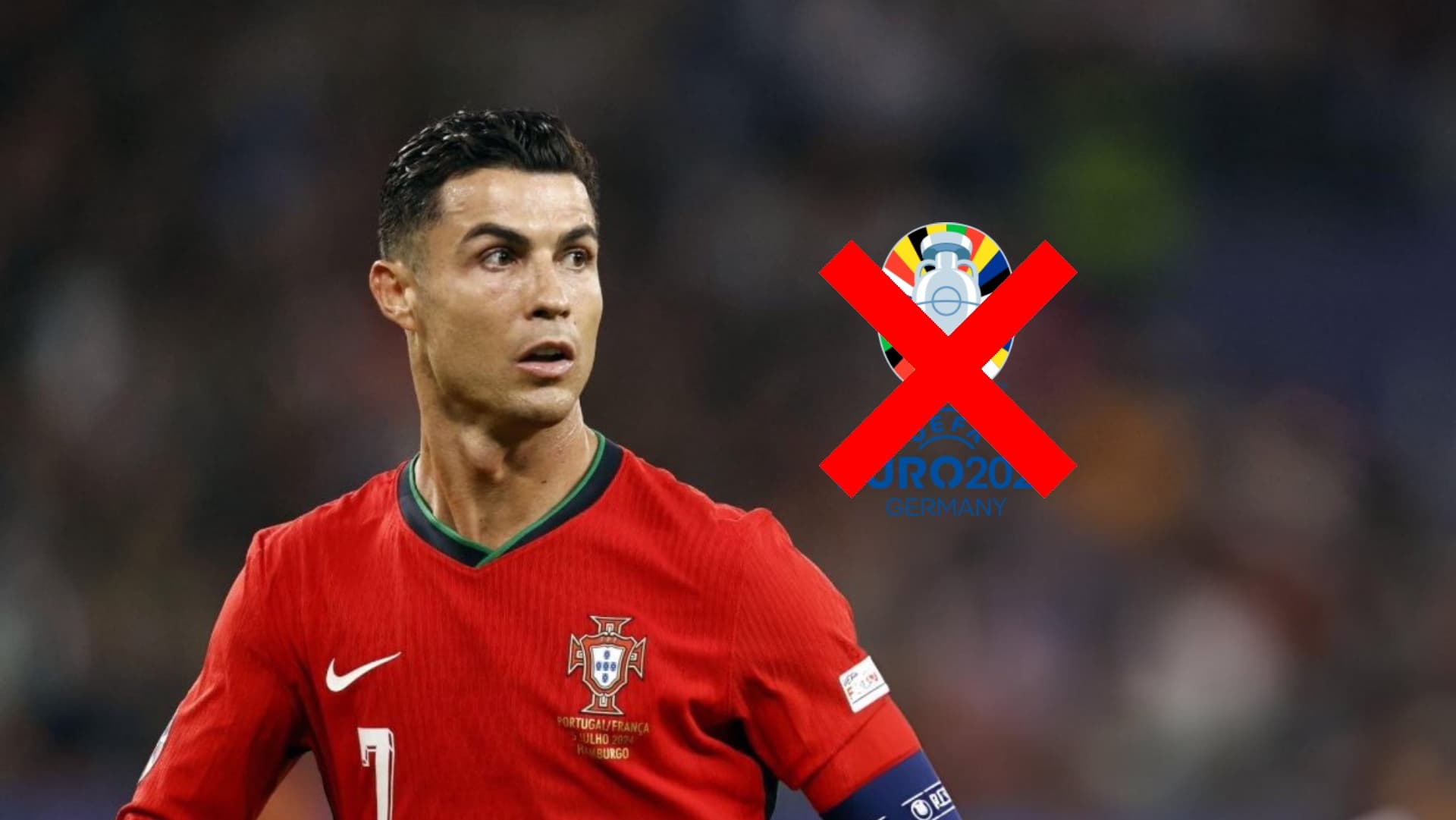 Cristiano Ronaldo looks to the side as he wears the Portugal kit and the Euro 2024 logo is crossed out. (Source: Al Nassr Zone X)