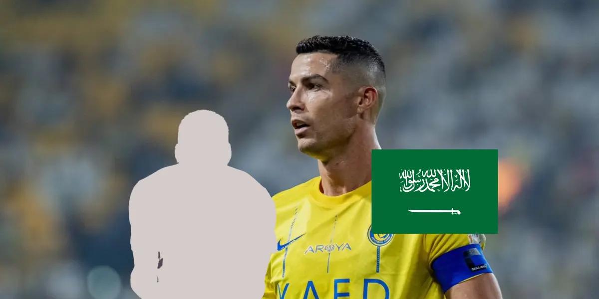 Cristiano Ronaldo looks to the side while he wears the Al Nassr jersey and a msytery player is next to the Saudi Arabia flag. (Source: GOATTWORLD X)