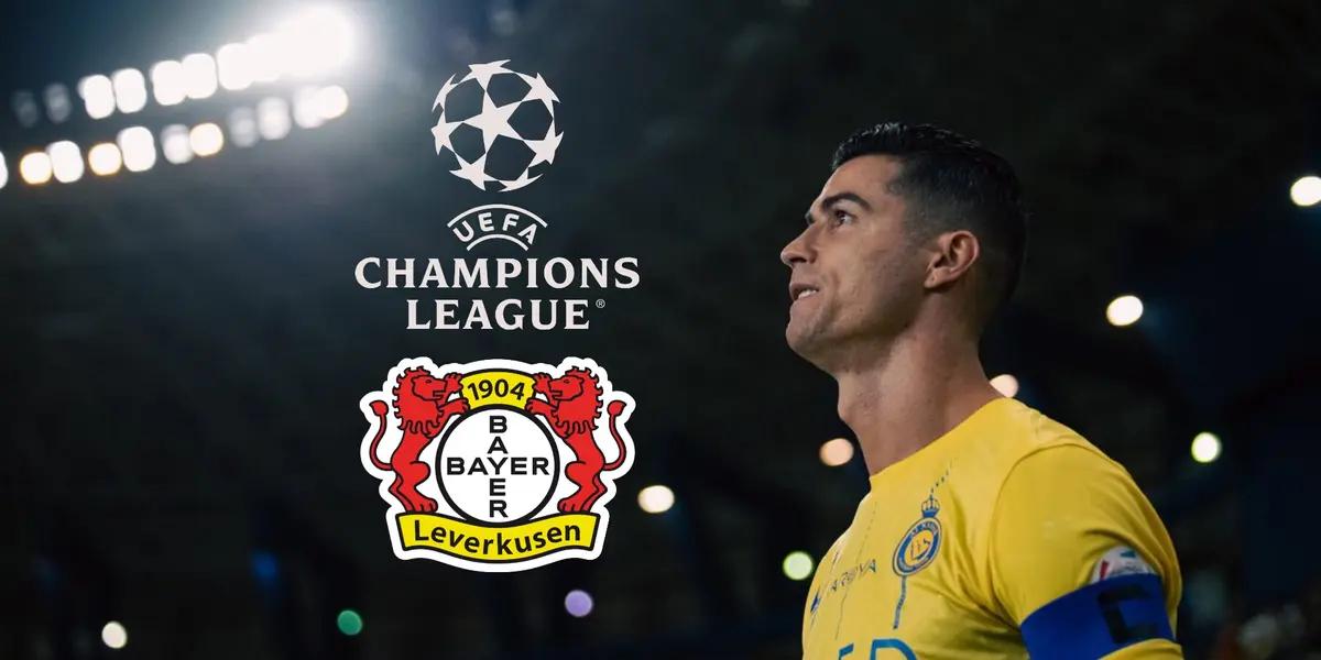 Cristiano Ronaldo looks up wearing an Al Nassr jersey while the Champions League and Bayer Leverkusen logo is next to him.