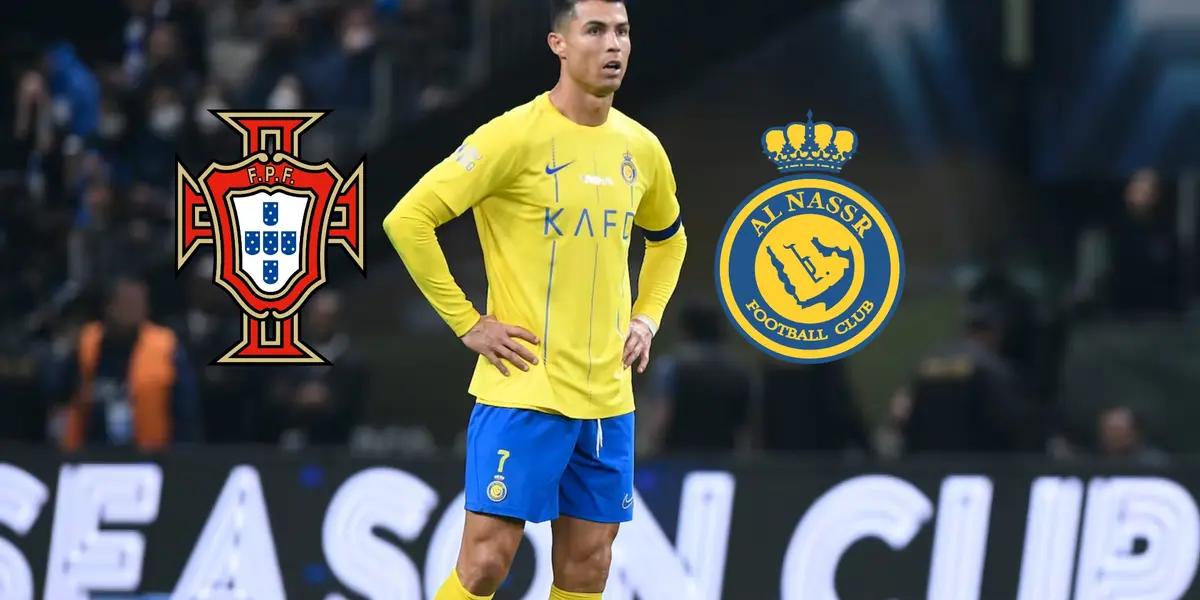 Cristiano Ronaldo looks worried while his hands are on his hips and he is wearing the Al Nassr jersey. The Portugal national team and the Al Nassr badge is next to him.