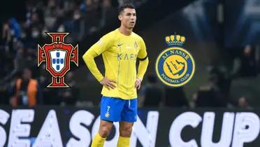 Cristiano Ronaldo looks worried while his hands are on his hips and he is wearing the Al Nassr jersey. The Portugal national team and the Al Nassr badge is next to him.