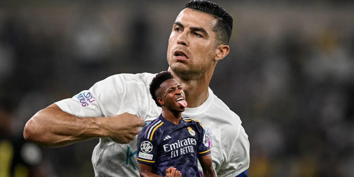 Cristiano Ronaldo pointing at himself while Vinicius Jr celebrated his goal with Real Madrid.