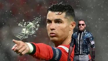 Cristiano Ronaldo points while Conor McGregor poses for a picture with sunglasses; flying money is next to them. (Source: GOATTWORLD X, Pinterest)