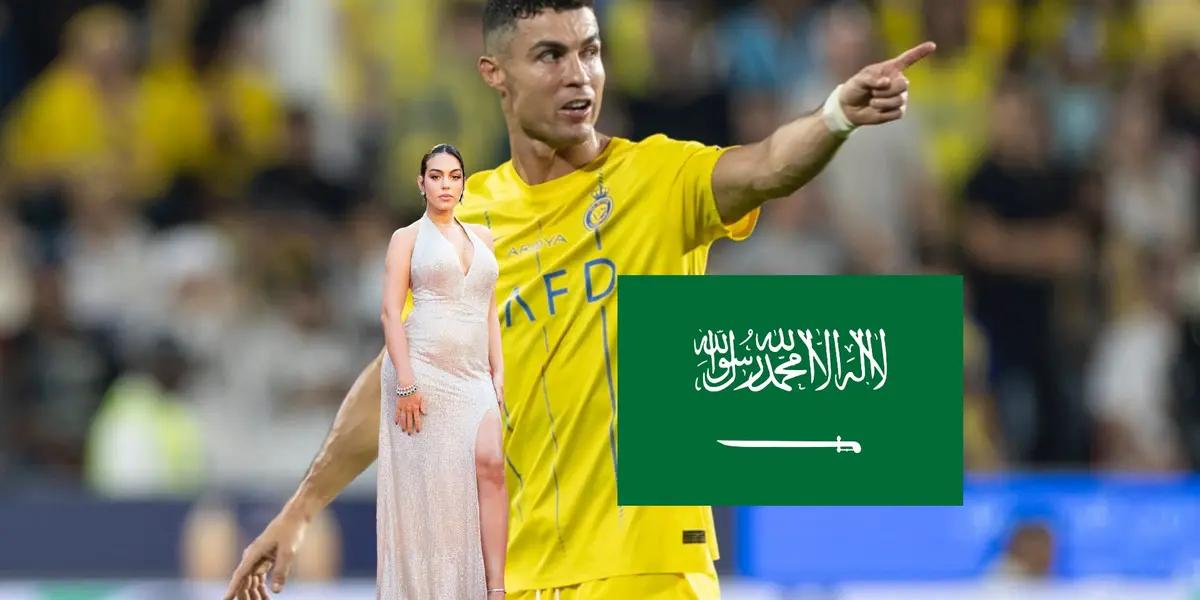 Cristiano Ronaldo points with anger while Georgina Rodriguez wears a dress.
