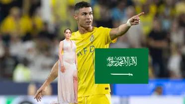 Cristiano Ronaldo points with anger while Georgina Rodriguez wears a dress.