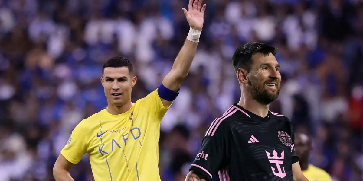 Cristiano Ronaldo raises his hand while Lionel Messi smiles wearing an Inter Miami shirt.