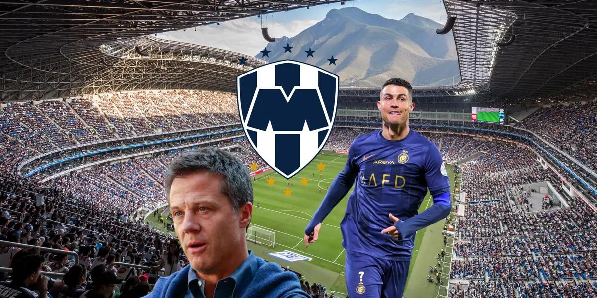 Cristiano Ronaldo running with an Al Nassr away jersey while Monterrey's president talks in an interview.