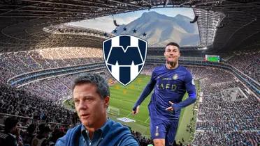 Cristiano Ronaldo running with an Al Nassr away jersey while Monterrey's president talks in an interview.