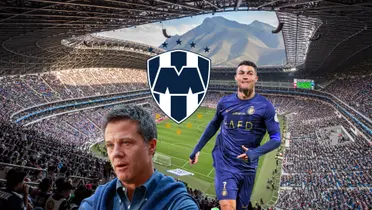 Cristiano Ronaldo running with an Al Nassr away jersey while Monterrey's president talks in an interview.