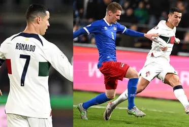 Cristiano Ronaldo scores the first goal against Luxembourg