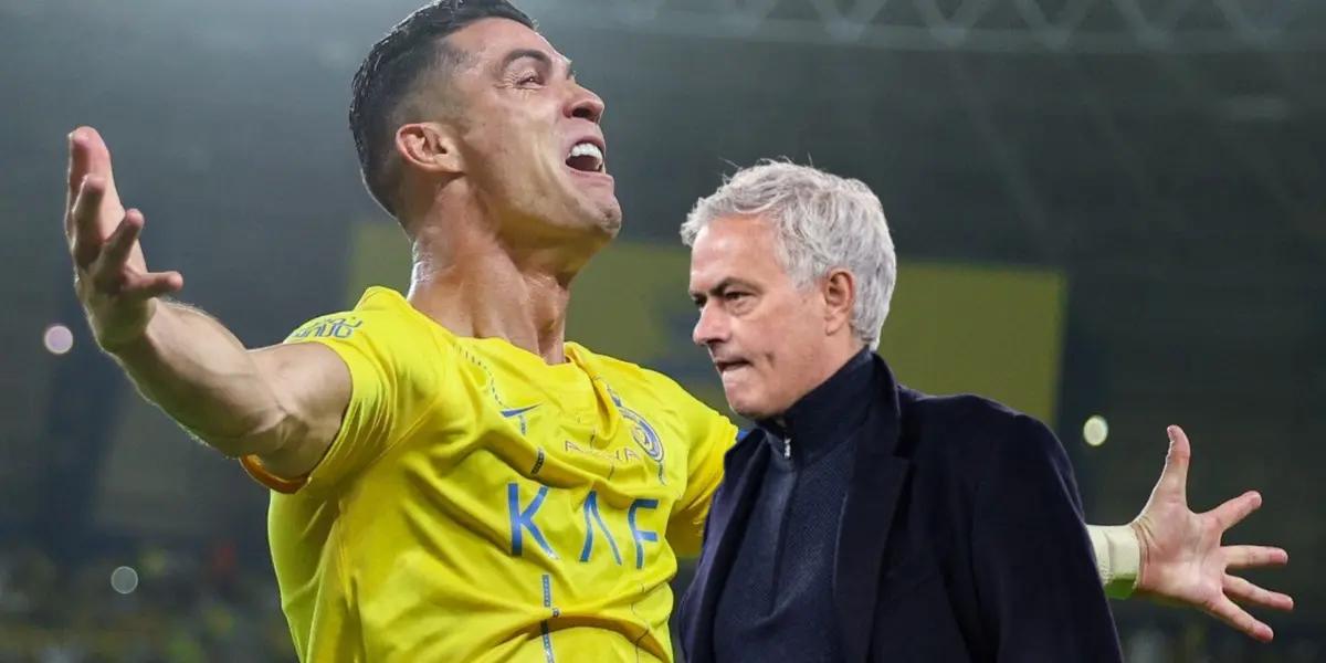 Cristiano Ronaldo screams with joy with his arms out while wearing the Al Nassr jersey; Jose Mourinho looks upset.