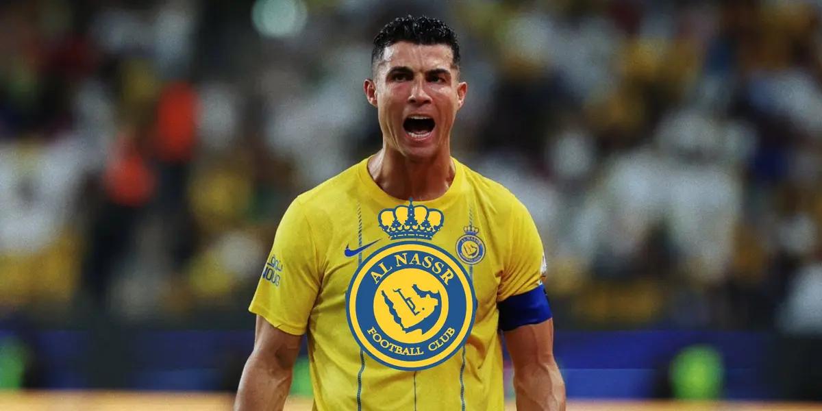 Cristiano Ronaldo screams with passion while wearing the Al Nassr jersey and the Al Nassr badge is in the middle.