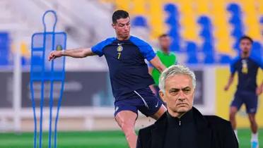 Cristiano Ronaldo set to shoot a ball with an Al Nassr training kit on and Jose Mourinho looks disappointed.
