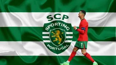 Cristiano Ronaldo smiles and celebrates while wearing the Portugal jersey; the Sporting CP Flag is in the background.