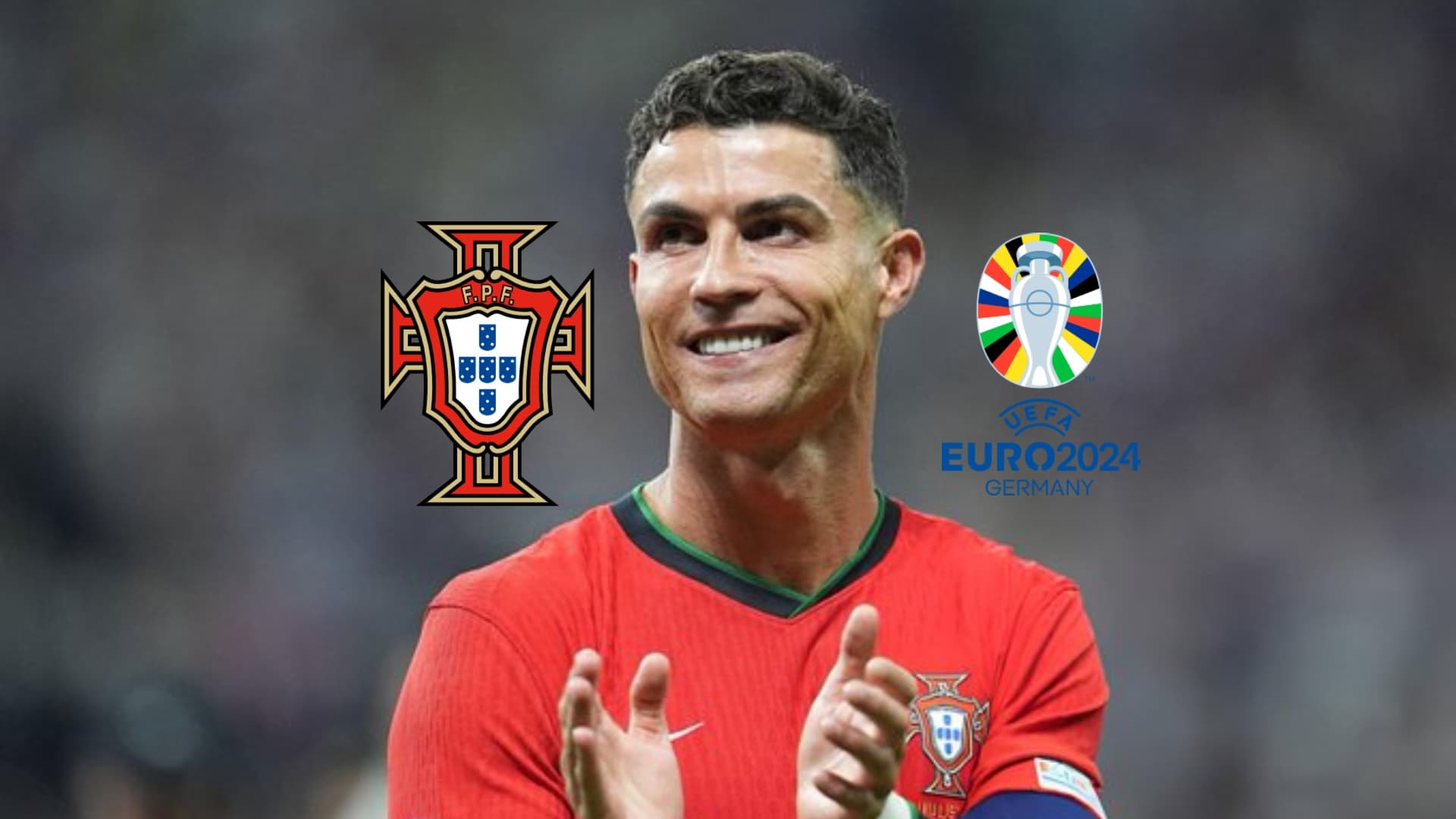 Cristiano Ronaldo smiles and claps while he wears the Portugal jersey; the Portugal national team badge and the EURO logo is next to him. (Source: GOATTWORLD X)