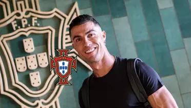 Cristiano Ronaldo smiles as he arrives to the Portugal national team facilities and the Portugal national team badge is next to him.