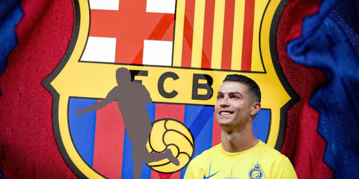 Cristiano Ronaldo smiles representing Al Nassr with the background of FC Barcelona.