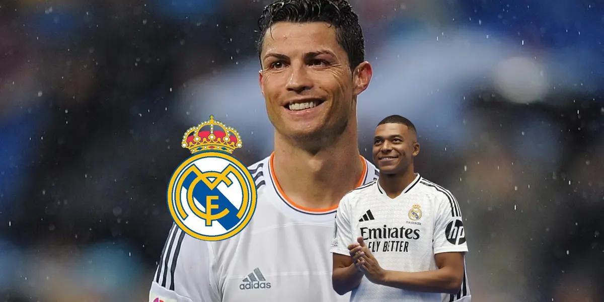 Cristiano Ronaldo smiles with a Real Madrid jersey on while Kylian Mbappé smiles with a Real Madrid jersey on; the badge is next to him. (Source: Getty Images, Kylian Mbappé X)
