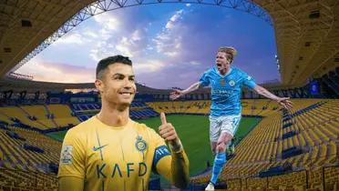 Cristiano Ronaldo smiles with a thumbs up while Kevin De Bruyne celebrates a goal for Man City.